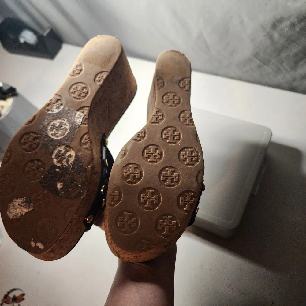 Tory Burch Black and Gold Wedge Sandals - Picture 5 of 6